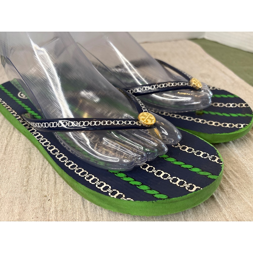 Tory Burch Thin Flip Flops Navy Green Rope Chain Stripe Gold Logo Medallion 10.5